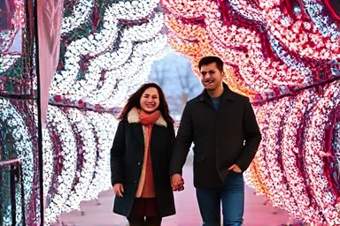 Couple enjoying a romantic walk through a glowing Seoul festival tunnel
