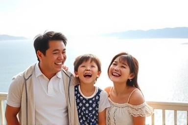 Happy family enjoying ocean view from Sokcho hotel balcony.