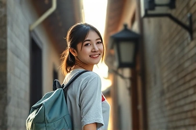 Solo traveler exploring historic Korean city alleyway.