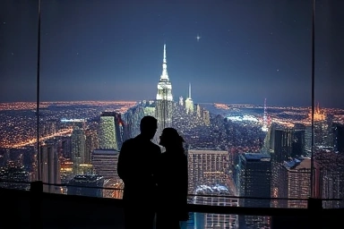 Couple enjoying city night view from observatory
