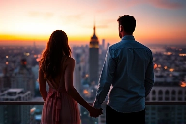 Couple watching city lights at dusk from high viewpoint