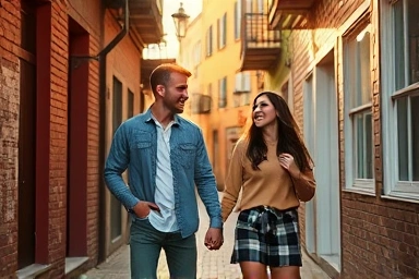 Couple enjoying spontaneous city exploration during golden hour.