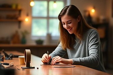 Couple crafting a ring together indoors, romantic atmosphere.