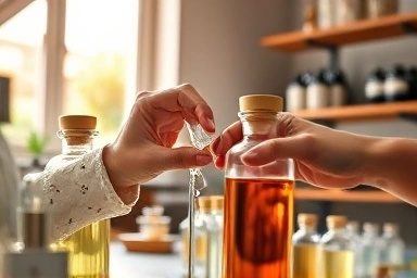 Couple blending perfume ingredients in a workshop, romantic date.