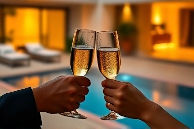 Intimate couple enjoying champagne in a luxury private villa.