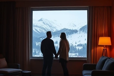 Cozy hotel room with snowy mountain view for couple's year-end trip.