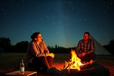 Couple enjoying glamping by campfire under starry night sky.