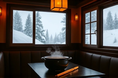 Cozy Korean restaurant interior near snowy ski resort