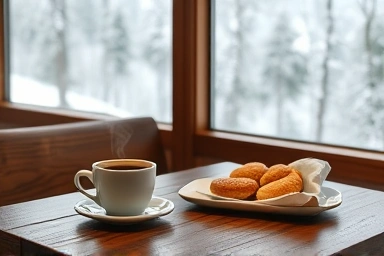 Mountain cafe table with coffee and pastries, winter forest view