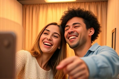 Young couple enjoying a fun photo booth session.