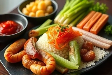 Exquisite Korean traditional cuisine, artfully plated and fresh.