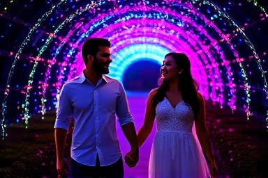 Couple walking through a romantic galaxy light tunnel at a festival