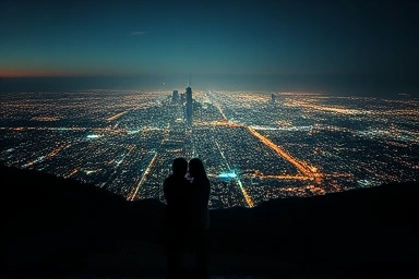 Couple enjoying panoramic Seoul night view from Bukak Skyway.
