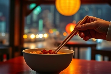 Enjoying ramen with Seoul night view at Palgakjeong