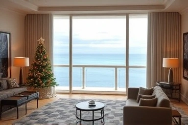 Luxury hotel room with ocean view and festive ambiance
