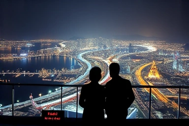 Couple admiring Busan city lights from a skyscraper.