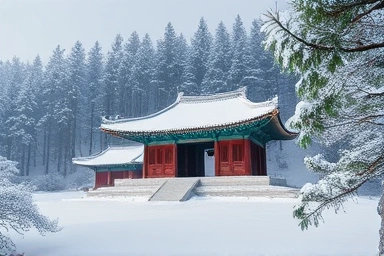 Winter temple snow-covered forest ancient Korean architecture peaceful