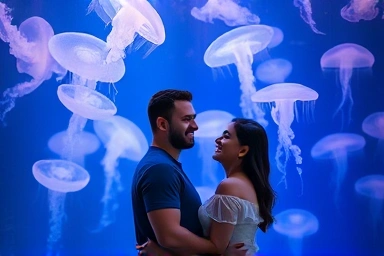 Couple taking selfie in front of glowing jellyfish exhibit