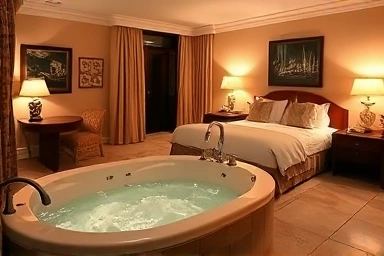 Romantic hotel spa room for couples, cozy holiday atmosphere.
