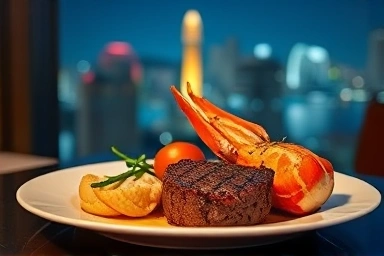 Gourmet steak and lobster dish with Daegu night cityscape background