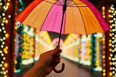 Close-up of glowing umbrella at E-World Starlight Festival, romantic atmosphere.
