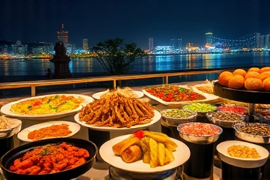 Elegant buffet spread on a night cruise, Han River city lights