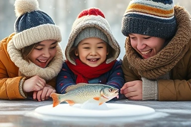 Family ice fishing fun at a Korean winter festival