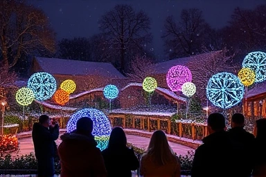 Magical winter night at a glowing botanical garden