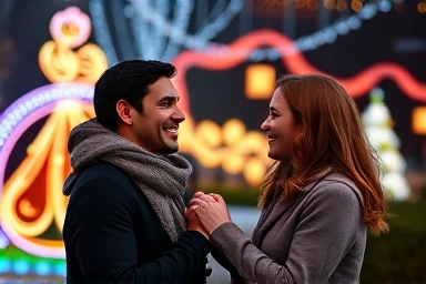 Couple enjoying romantic winter lights festival