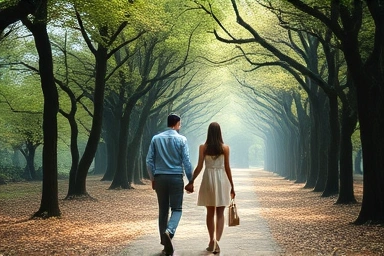 Couple walking on Metasequoia path, Nami Island, romantic atmosphere.