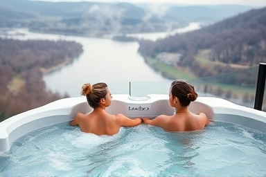 Couple in outdoor jacuzzi, Bukhan River view, romantic relaxation.