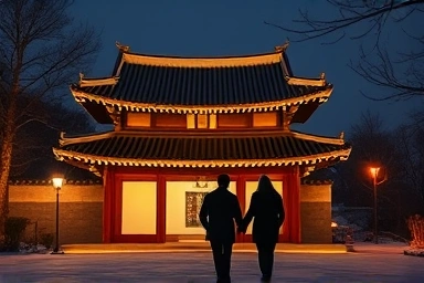 Romantic couple in Gyeongju at night, winter travel