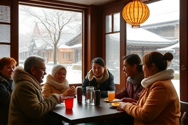 Family enjoying cafe in Gyeongju, winter travel