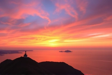 Southernmost Korean peninsula sunset, lighthouse silhouette, vibrant sky