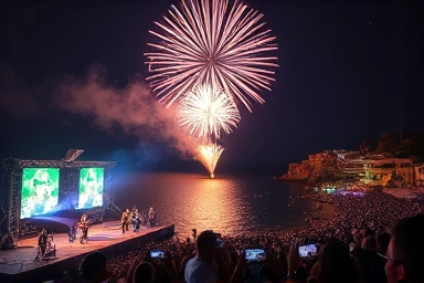 New Year's Eve festival, coastal village, fireworks anticipation, lively crowd