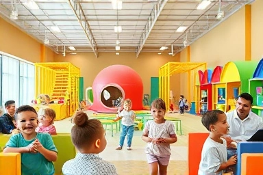 Happy children playing in a safe and bright indoor playground.