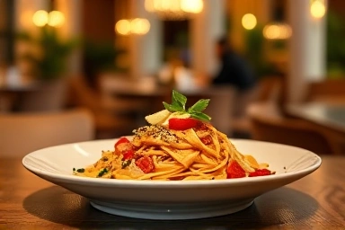 Exquisite fusion pasta dish in a warm, intimate Itaewon restaurant setting.