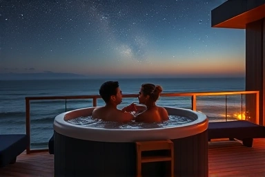 Couple enjoying hot tub at Jeju Airbnb with night sky and ocean.