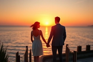 Couple enjoying sunset on Jeju Island beach.