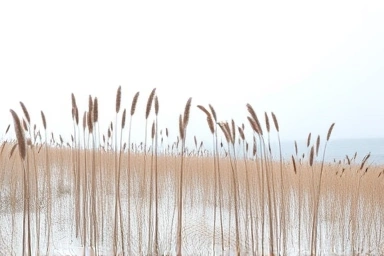 Serene winter Jeju east coast landscape with reeds