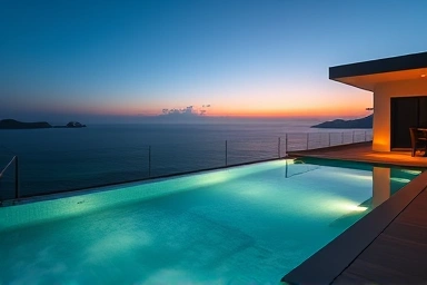 Luxurious Jeju private pool villa at dusk