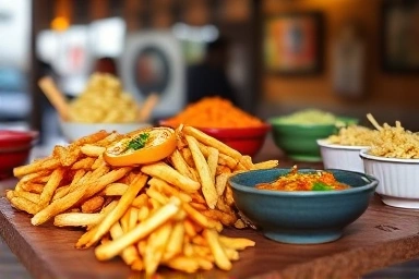 Authentic Korean street food assortment in a traditional market setting