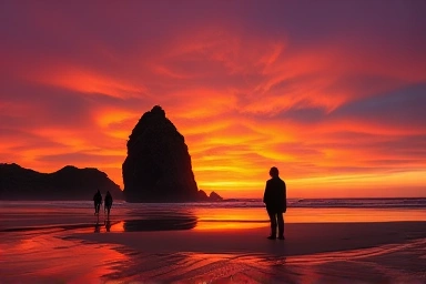 Kkotji Beach sunset with Grandmother and Grandfather Rocks