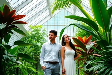Couple enjoying a romantic date in a tropical greenhouse.