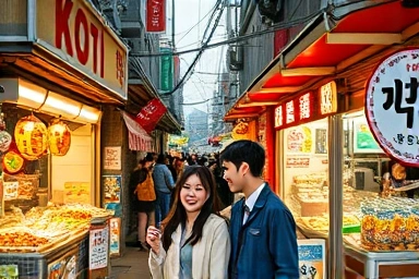 Lively Korean market street with couples enjoying food and shopping.