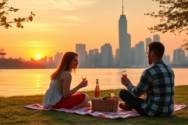 Couple enjoying a romantic sunset picnic by the Han River.