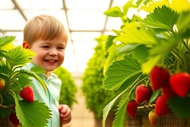 Child happily picking strawberries in a warm greenhouse.