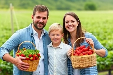 Family enjoying fresh strawberries and making memories.