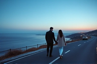 Couple enjoying romantic winter sea view in Namhae