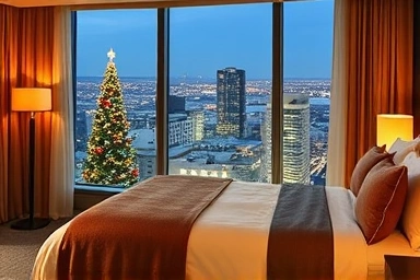 Luxurious hotel room with city view for winter escape.